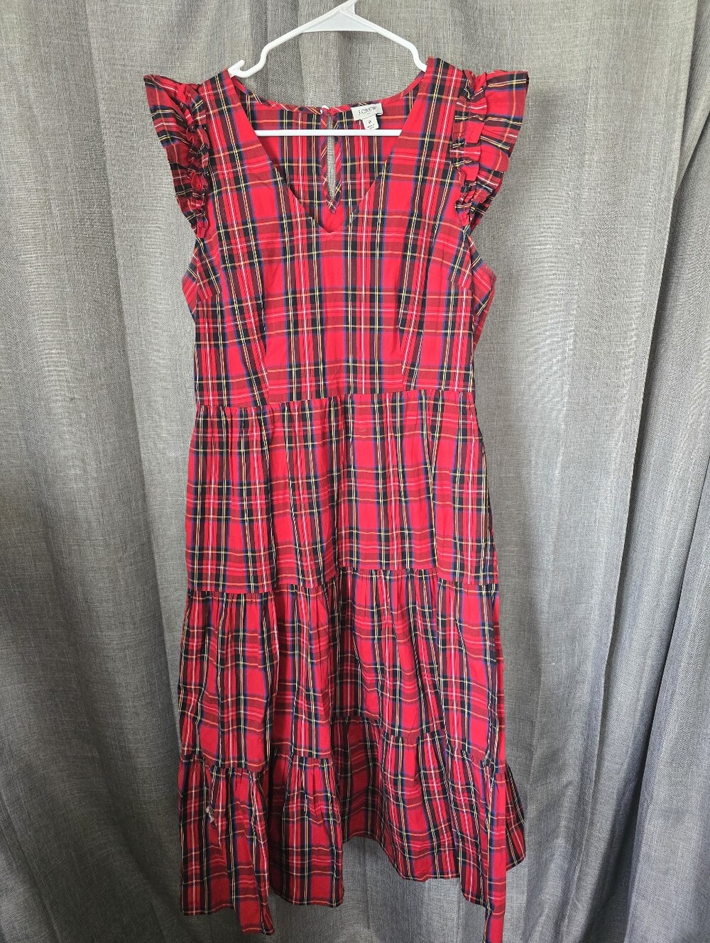 J Crew Factory tartan plaid red flutter slv Tiered midi dress womens sz 8 Pocket